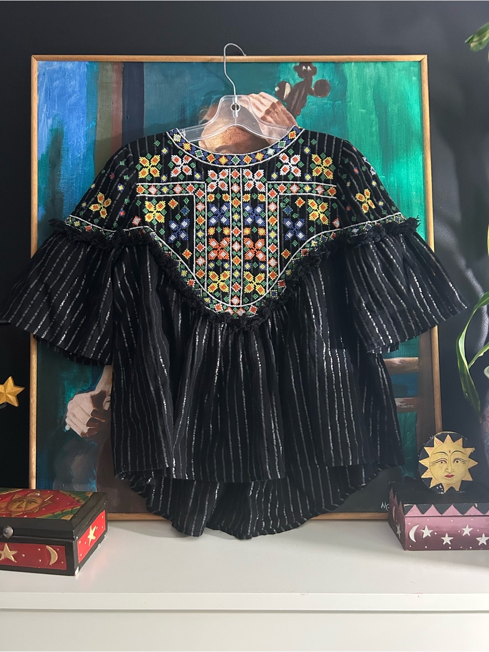 Zara Woman Embroidered Black Metallic Bell Sleeve Boho Blouse L